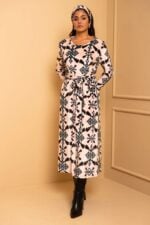 Amelia Dress Εκρού Pixel Blue Aztek Βελούδινο Φόρεμα με Ζώνη Petit Boutik