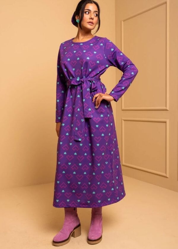Amelia Dress Purple Pixel Hearts Φούτερ Φόρεμα με Ζώνη Petit Boutik