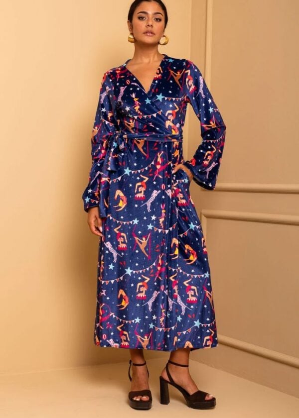 Iris Wrap Dress Blue Circus Βελούδινο Φόρεμα Κρουαζέ Petit Boutik