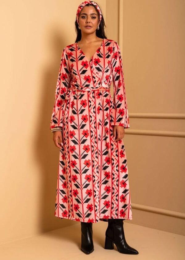 Iris Wrap Dress Pink Pixel Flowers Βελούδινο Ριπ Φόρεμα Κρουαζέ Petit Boutik