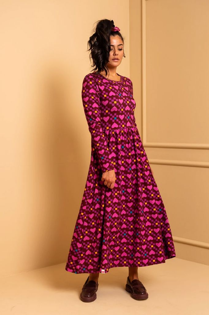 Isabella Dress Magenta Hearts Cubes Jersey Φόρεμα με Τσέπες Petit Boutik - Image 3
