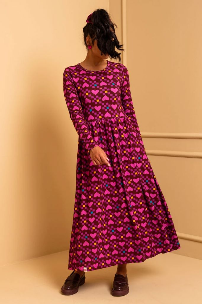 Isabella Dress Magenta Hearts Cubes Jersey Φόρεμα με Τσέπες Petit Boutik - Image 2