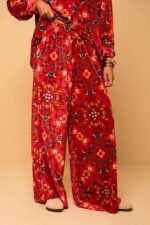 Lisa Pants Red Terracotta Folk Pixel Flower Βελούδινο Rip με Τσέπες Petit Boutik
