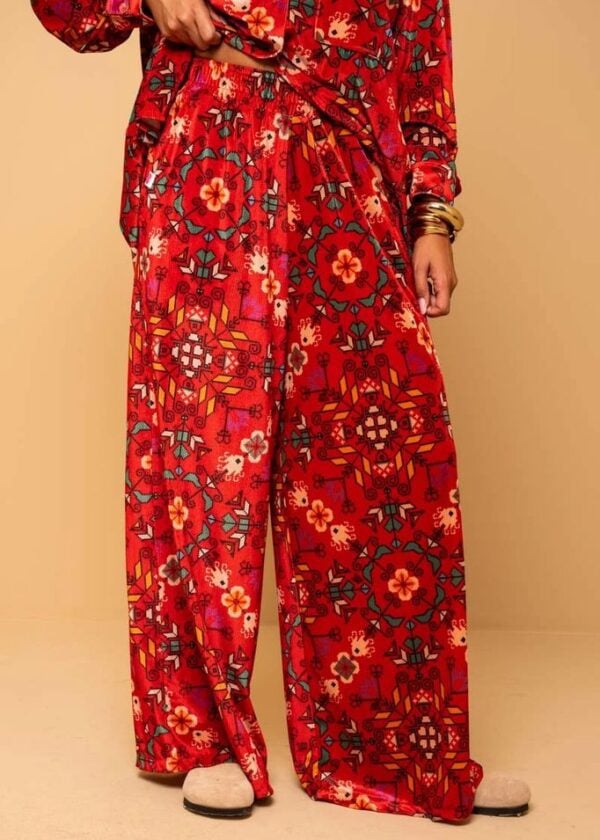 Lisa Pants Red Terracotta Folk Pixel Flower Βελούδινο Rip με Τσέπες Petit Boutik