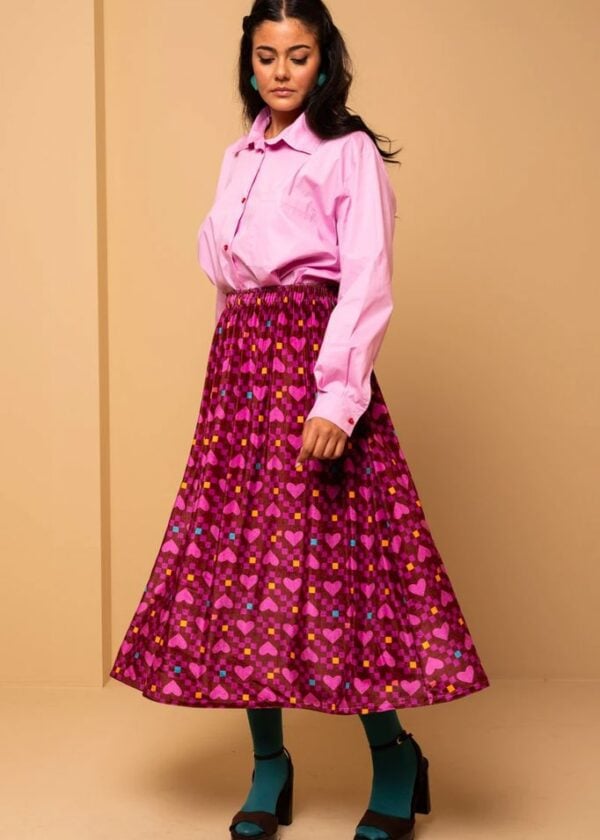 Malena Skirt Magenta Hearts Cubes Βελούδινη Φούστα Petit Boutik