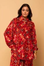 Maya Shirt Red Terracotta Folk Pixel Flower Βελούδινο Rip Πουκάμισο Petit Boutik
