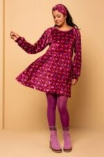 Melina Mini Dress Magenta Hearts Cubes Βελούδινο Φόρεμα με Τσέπες Petit Boutik