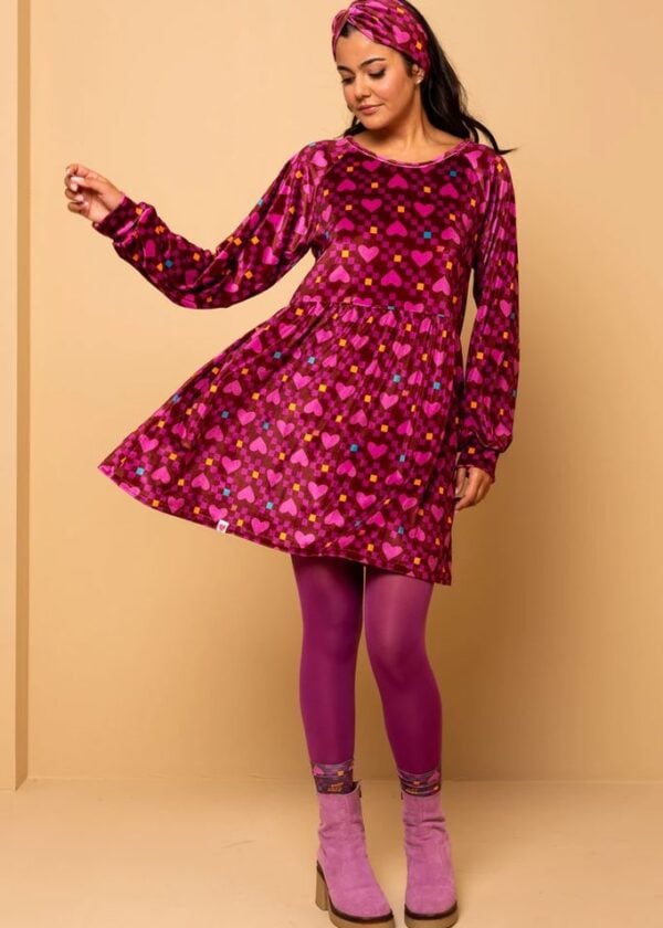 Melina Mini Dress Magenta Hearts Cubes Βελούδινο Φόρεμα με Τσέπες Petit Boutik